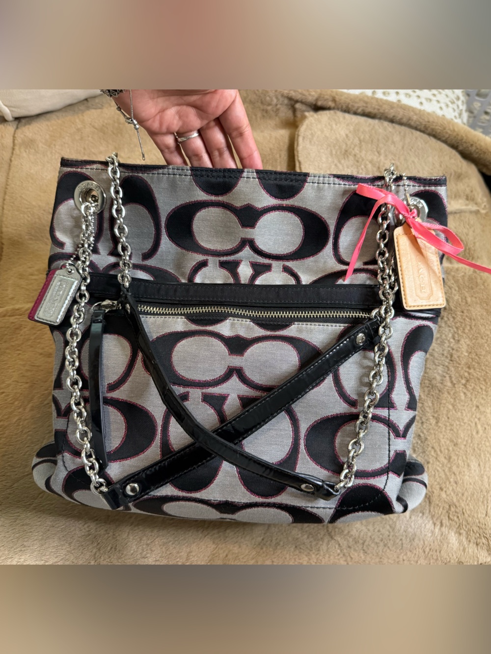 Coach Signature Canvas Shoulder Bag in Gray, Black and Pink Trim